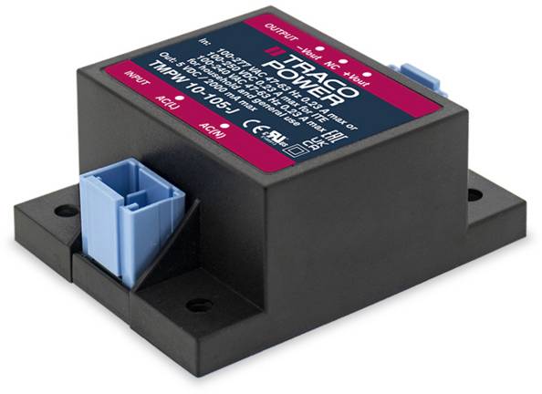 Un composant électronique rectangulaire noir avec des marquages bleus et rouges. Un connecteur bleu est visible en haut.
