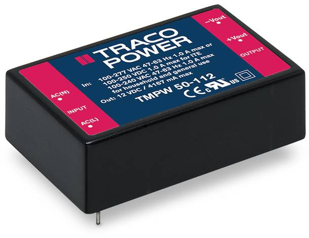 Bloc d'alimentation 'TRACO POWER', avec bornes d'entrée et de sortie, caractéristiques techniques de tension et de courant indiquées sur l'étiquette.