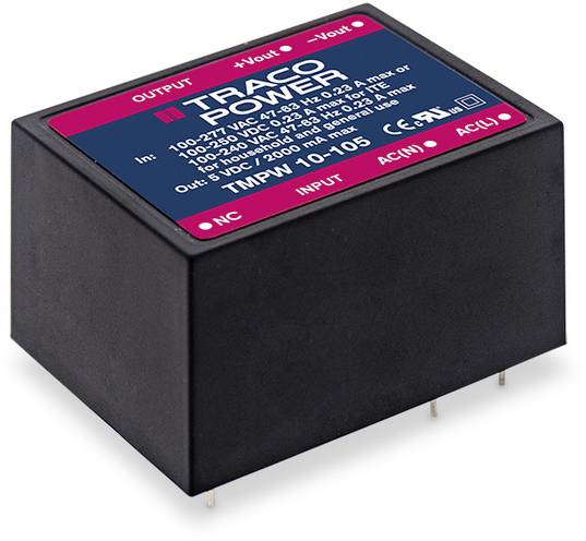 Bloc d'alimentation rectangulaire de Traco Power, modèle TMPW 10-105, avec ses spécifications techniques sur une étiquette sur le dessus.