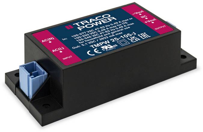 Un module TRACO POWER avec une tension d'entrée de 100-240 VAC, une sortie de 24 VDC et une puissance de 25 W, monté sur une base noire.
