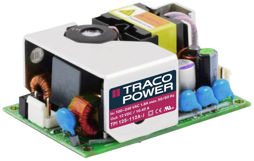 Un module d'alimentation à découpage de la marque Traco Power, adapté pour des tensions d'entrée de 100-240 V AC à 50/60 Hz.