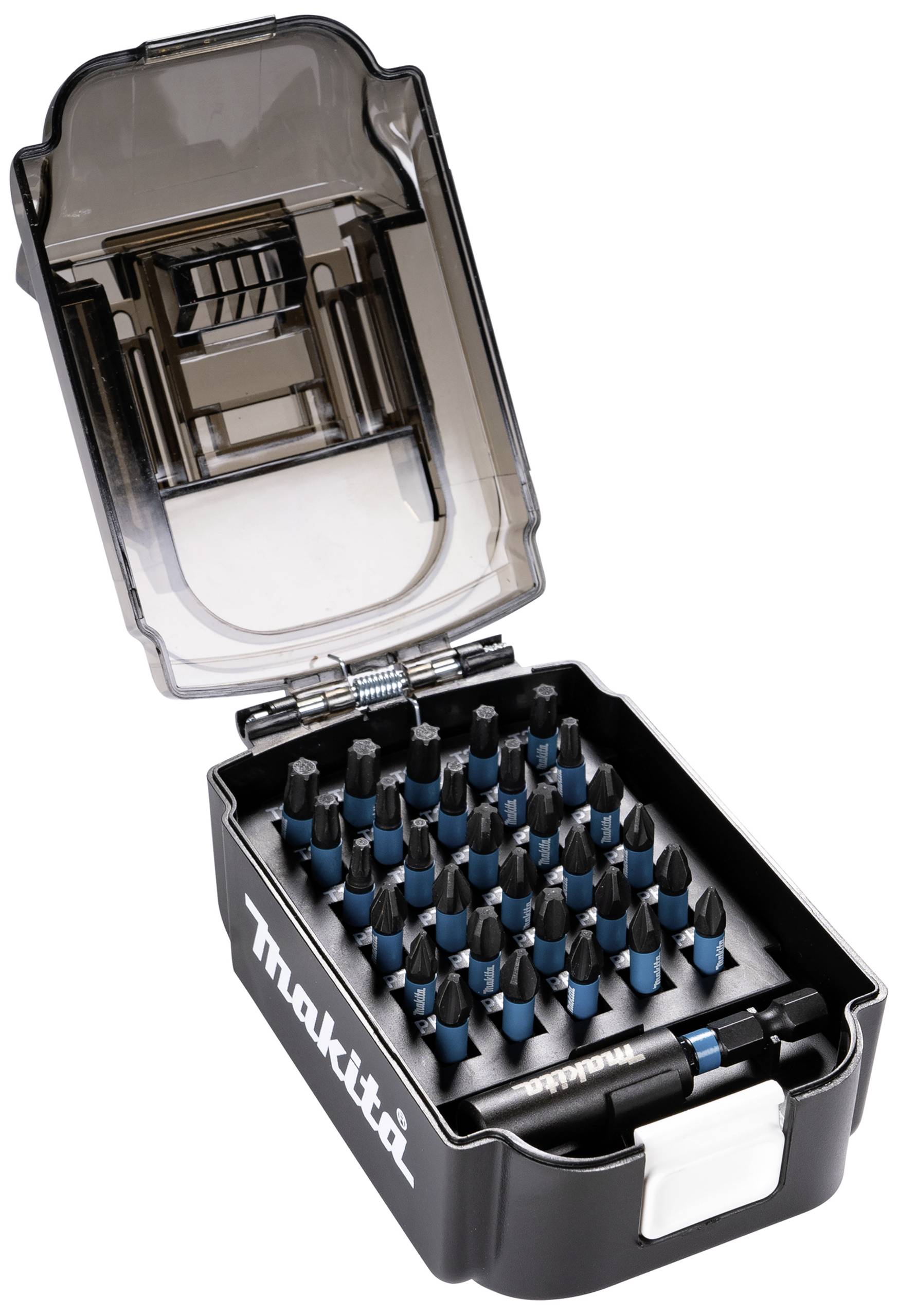 Une boîte à outils ouverte avec des embouts de tournevis. Le coffret est noir et contient de nombreux embouts rangés en rangées ordonnées.