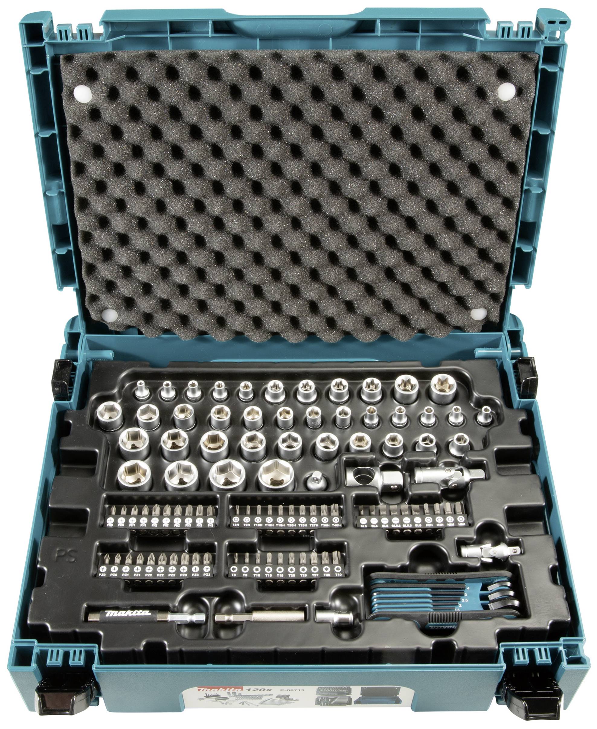 Une boîte à outils ouverte avec différentes clés à douille et embouts disposés de manière organisée.