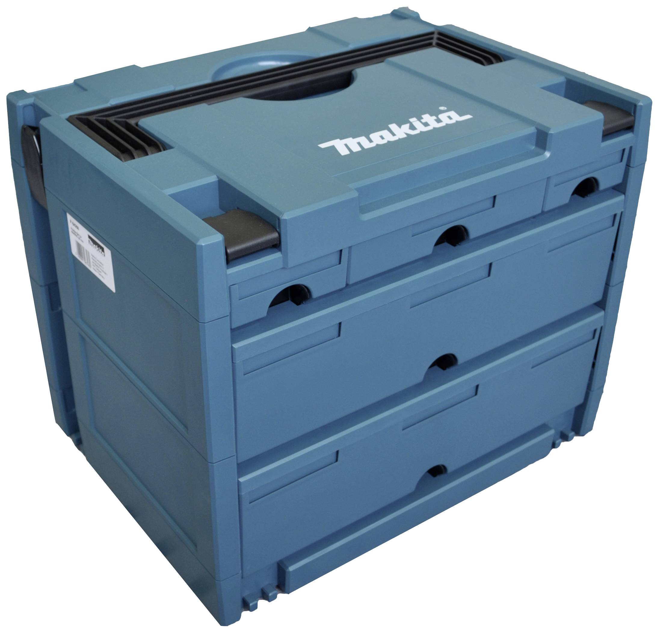 Boîte à outils bleue avec plusieurs tiroirs, nom de marque visible en haut. Idéale pour le rangement et le transport des outils.