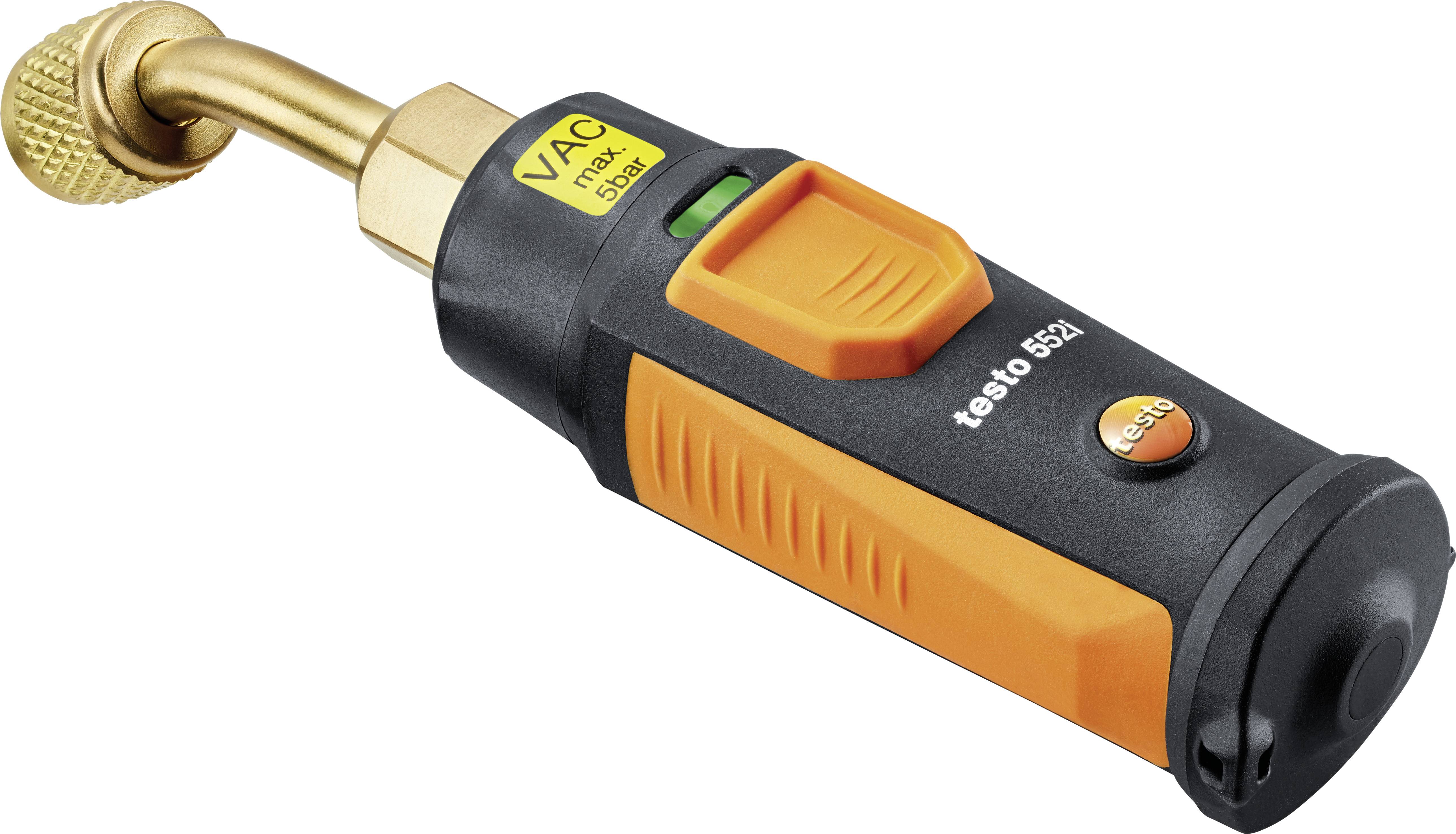 Appareil électronique de mesure de vide avec boîtier orange et noir, manomètre et inscription 'testo 552i'.