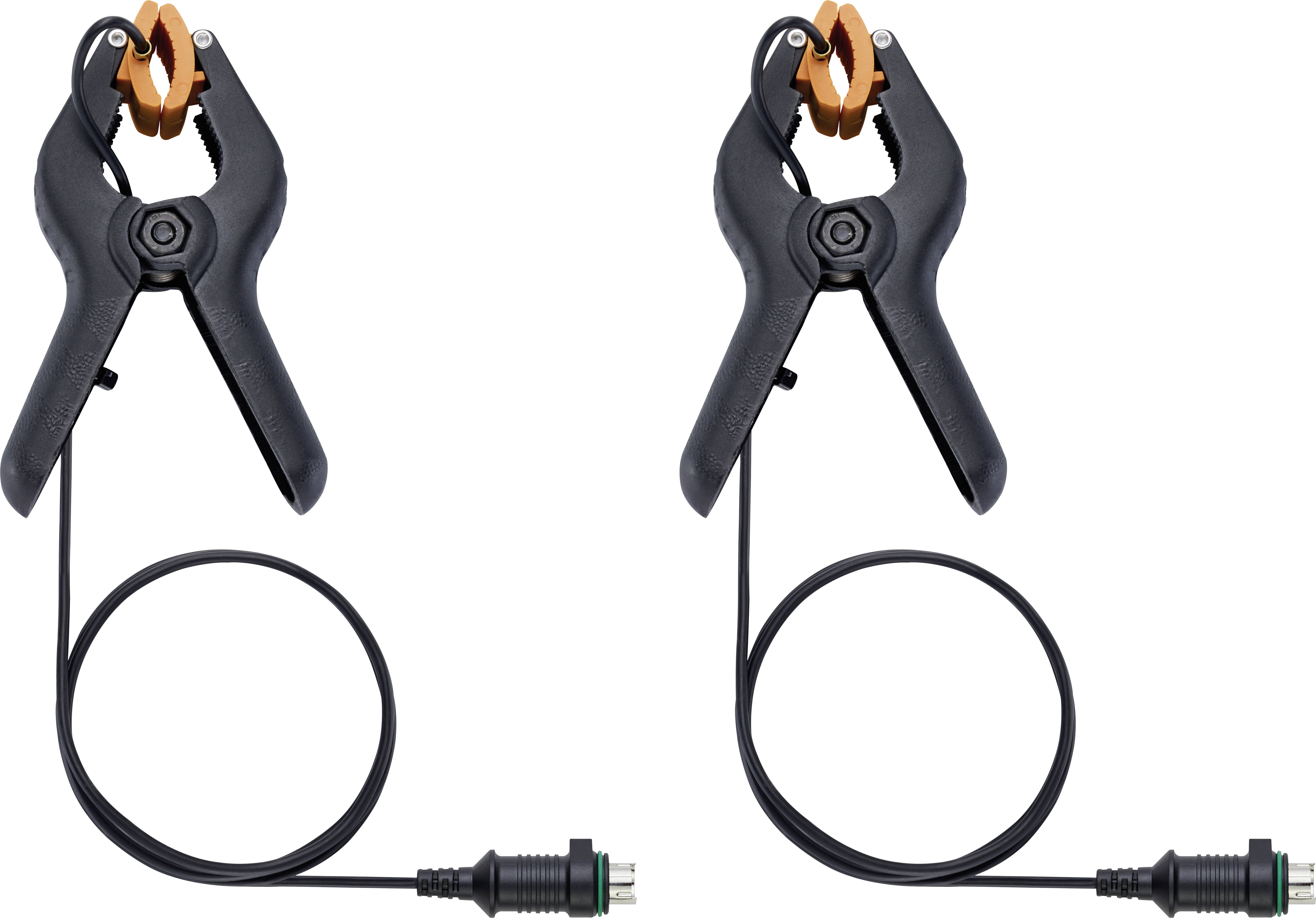 Deux pinces de serrage noires avec une pince de préhension orange et un long câble. Elles sont disposées symétriquement et servent à maintenir des objets.