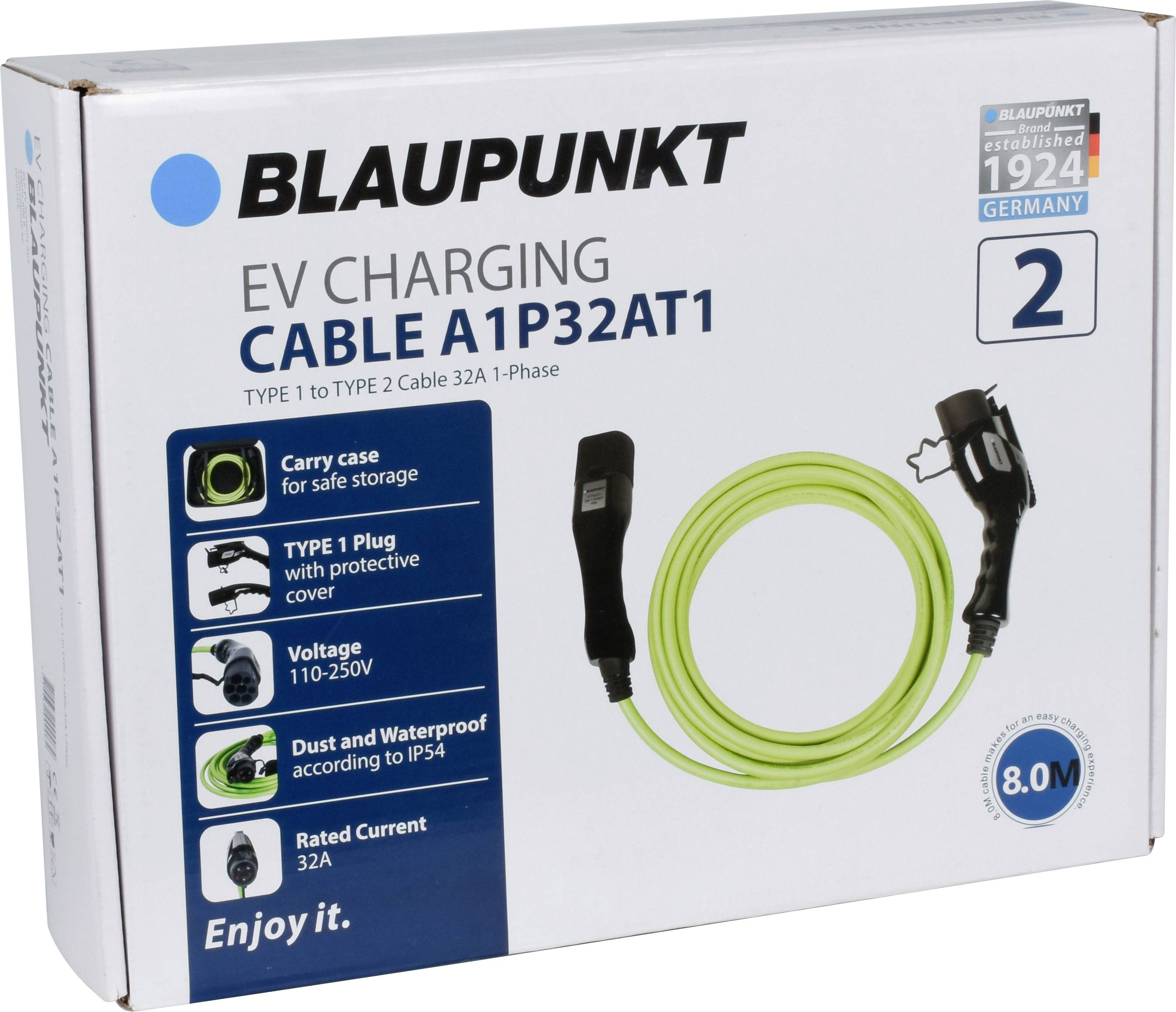 Câble de charge Blaupunkt EV A1P32AT1, Type 1 vers Type 2, 32A, Monophasé, Câble 8,0m. Sacoche de transport, résistant aux intempéries IP54, Tension 110-250V.