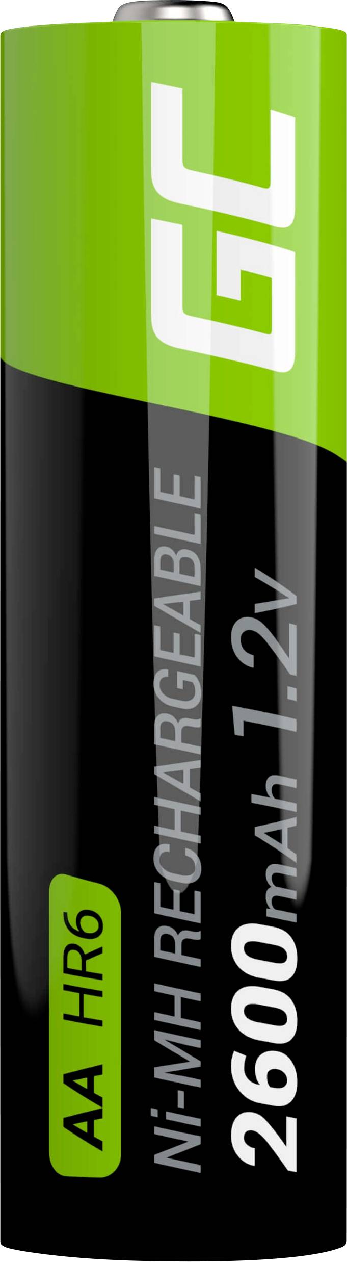 Batterie rechargeable AA de 2600 mAh, 1,2V, technologie Ni-MH, design vert et noir.