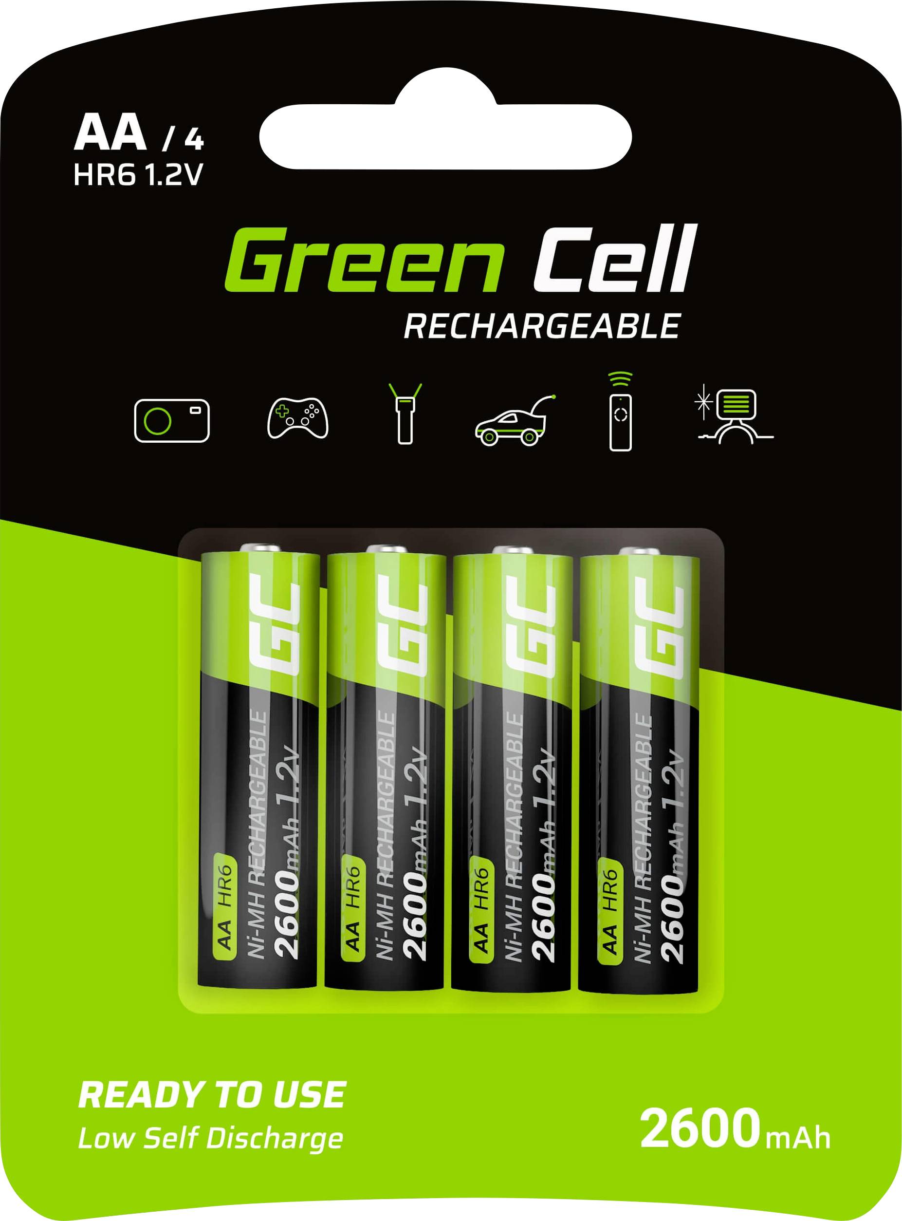Quatre piles rechargeables AA de la marque Green Cell d'une capacité de 2600 mAh, conditionnées pour des appareils tels que les appareils photo et les consoles de jeux.