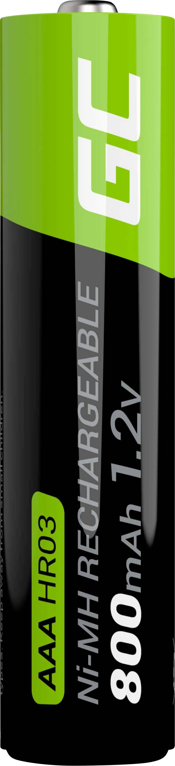 Pile AAA rechargeable, 1,2V, 800mAh, Ni-MH, boîtier vert et noir, debout.