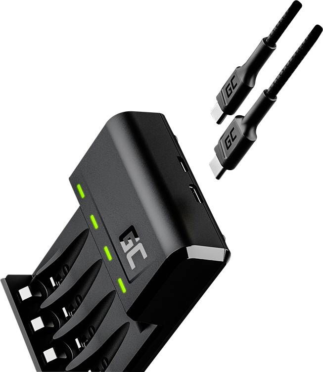 Chargeur quadruple avec voyants LED et deux câbles USB-C, adapté aux batteries.