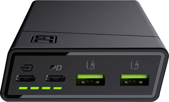 Chargeur compact avec deux ports USB-A et deux ports USB-C, avec des voyants LED verts et un boîtier noir. Adapté pour une charge rapide.