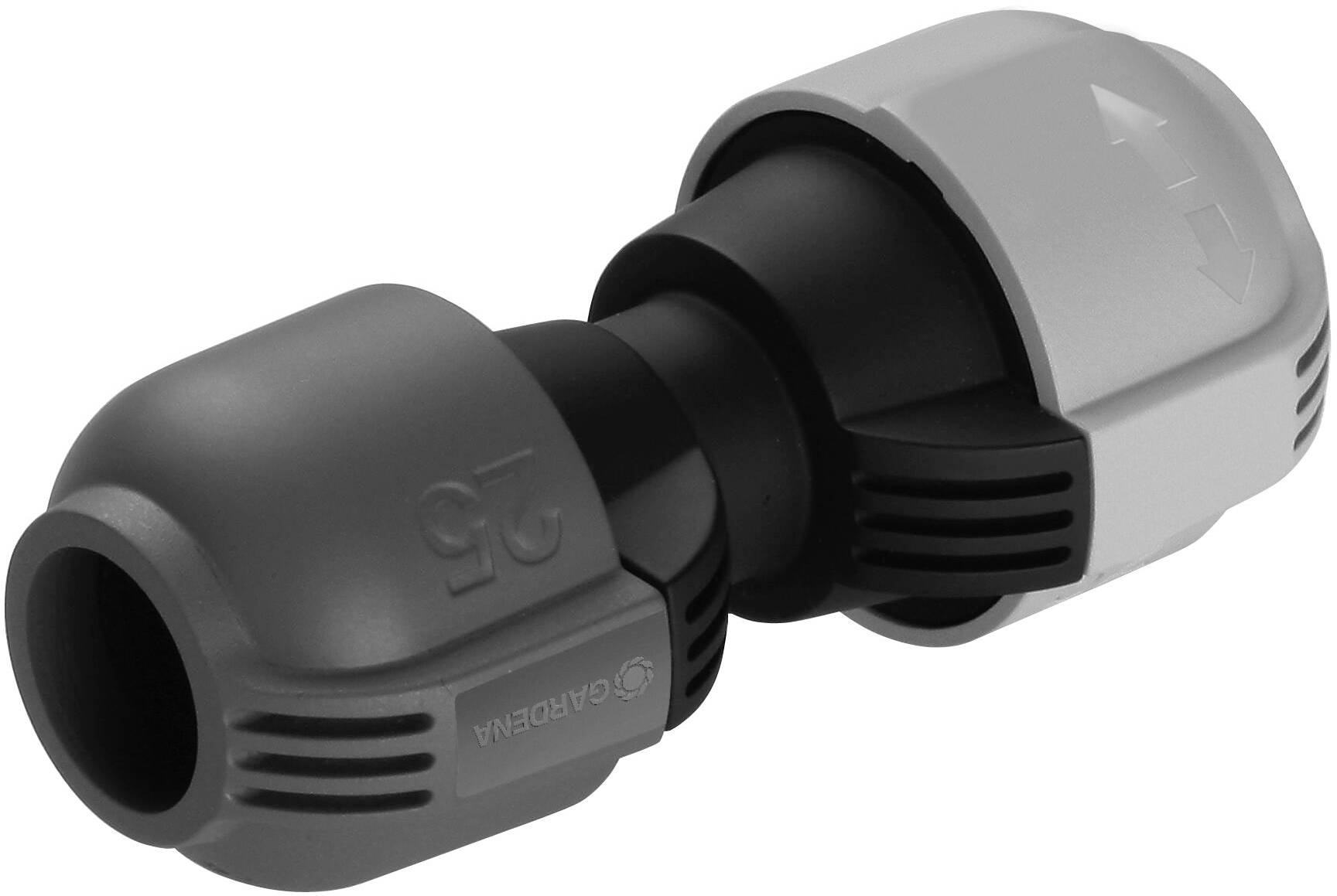 Connecteur de tuyau gris-noir à deux extrémités et une partie centrale mobile. Adapté aux tuyaux d'arrosage et aux systèmes d'irrigation.