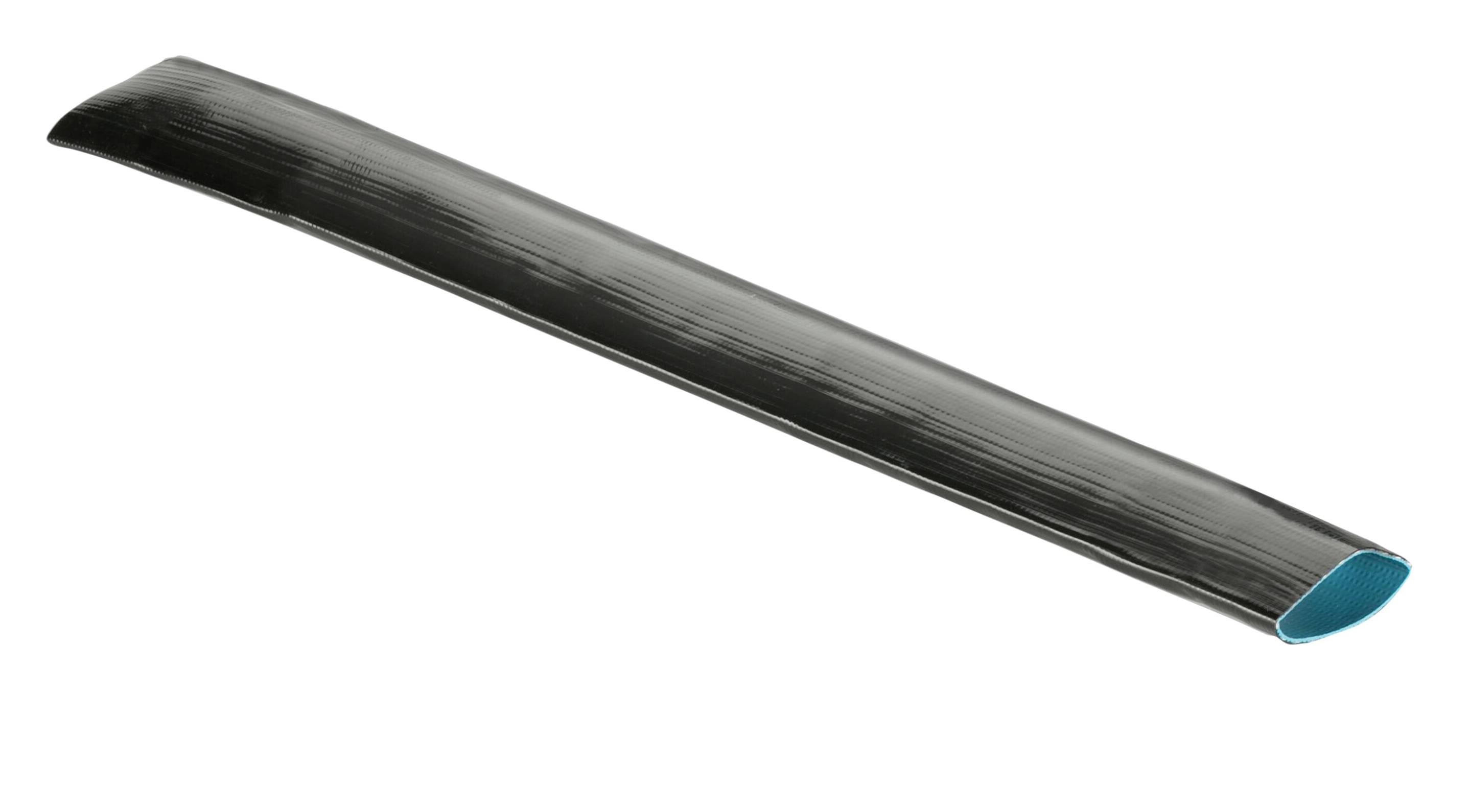 Un objet noir et tubulaire avec une surface intérieure turquoise s'étend diagonalement sur un fond blanc.