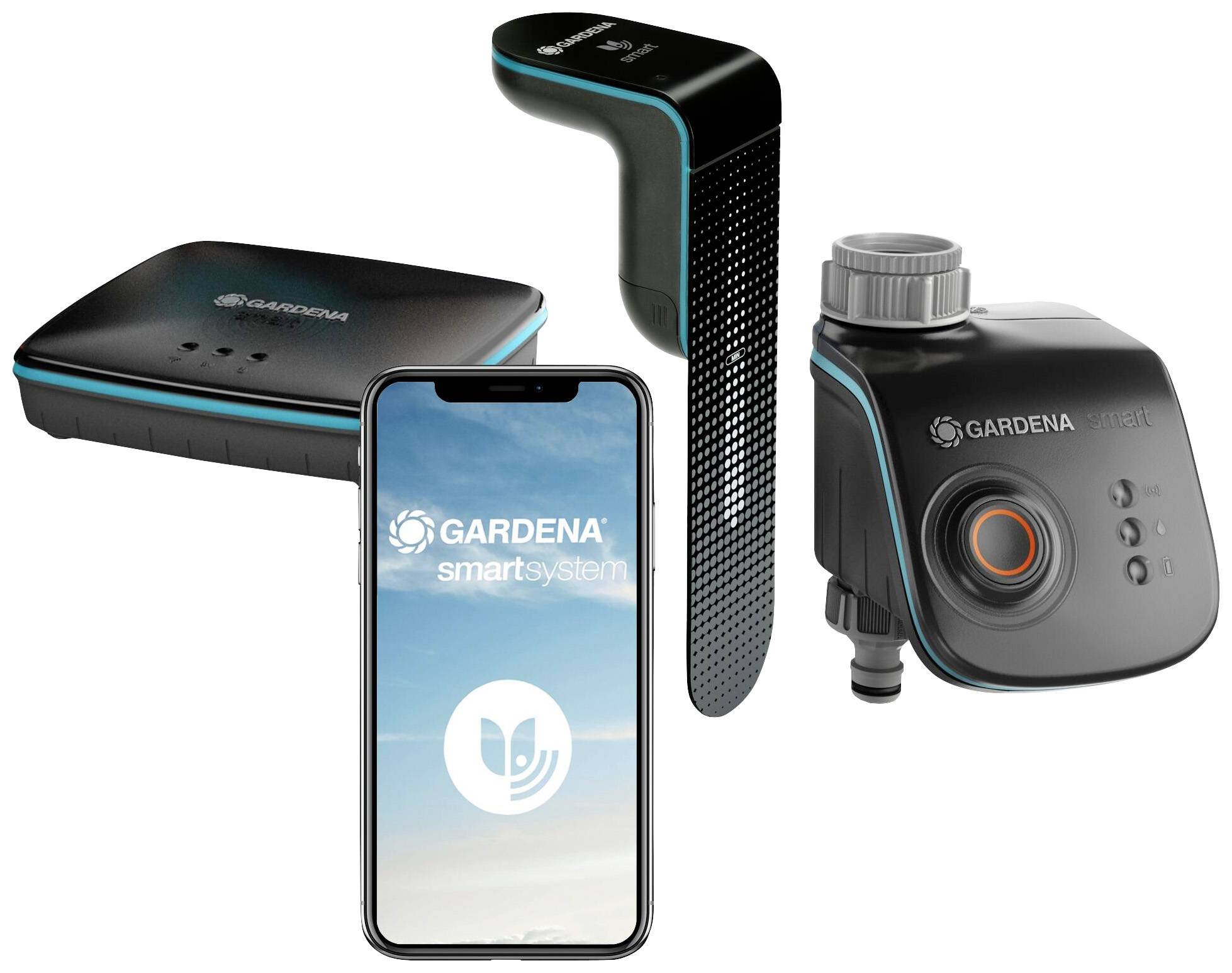 Système GARDENA smart : Smartphone avec application, passerelle et appareils intelligents pour l'arrosage et l'entretien du jardin. Connectés pour un contrôle automatique.