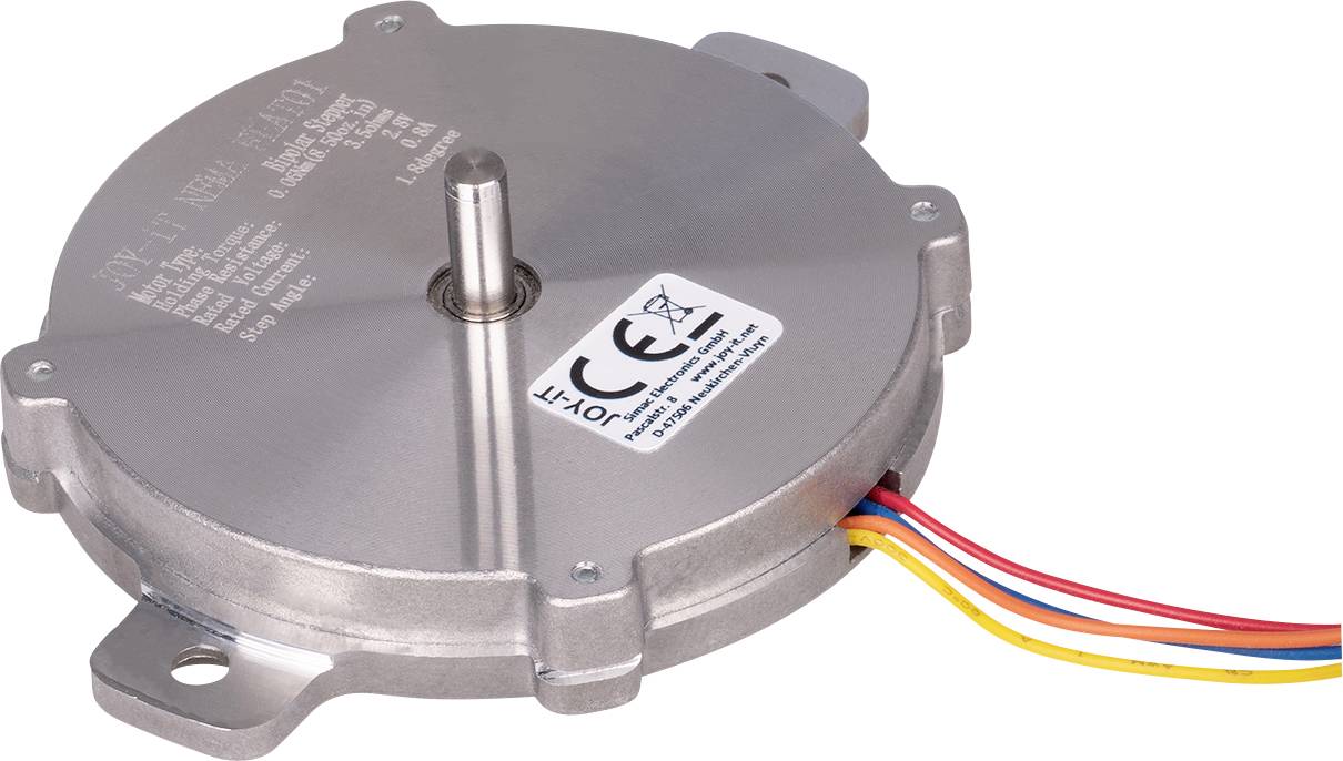 Moteur métallique compact avec axe saillant, certification CE et câbles de couleur : rouge, bleu, jaune.