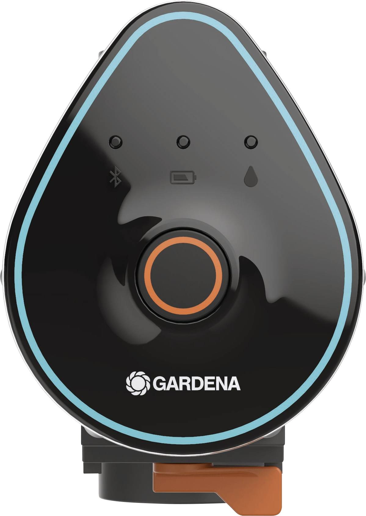 Dispositif de commande d'irrigation de jardin avec symbole de goutte d'eau, état de la batterie et indicateur Bluetooth. Nom de marque 'Gardena' illustré en bas.