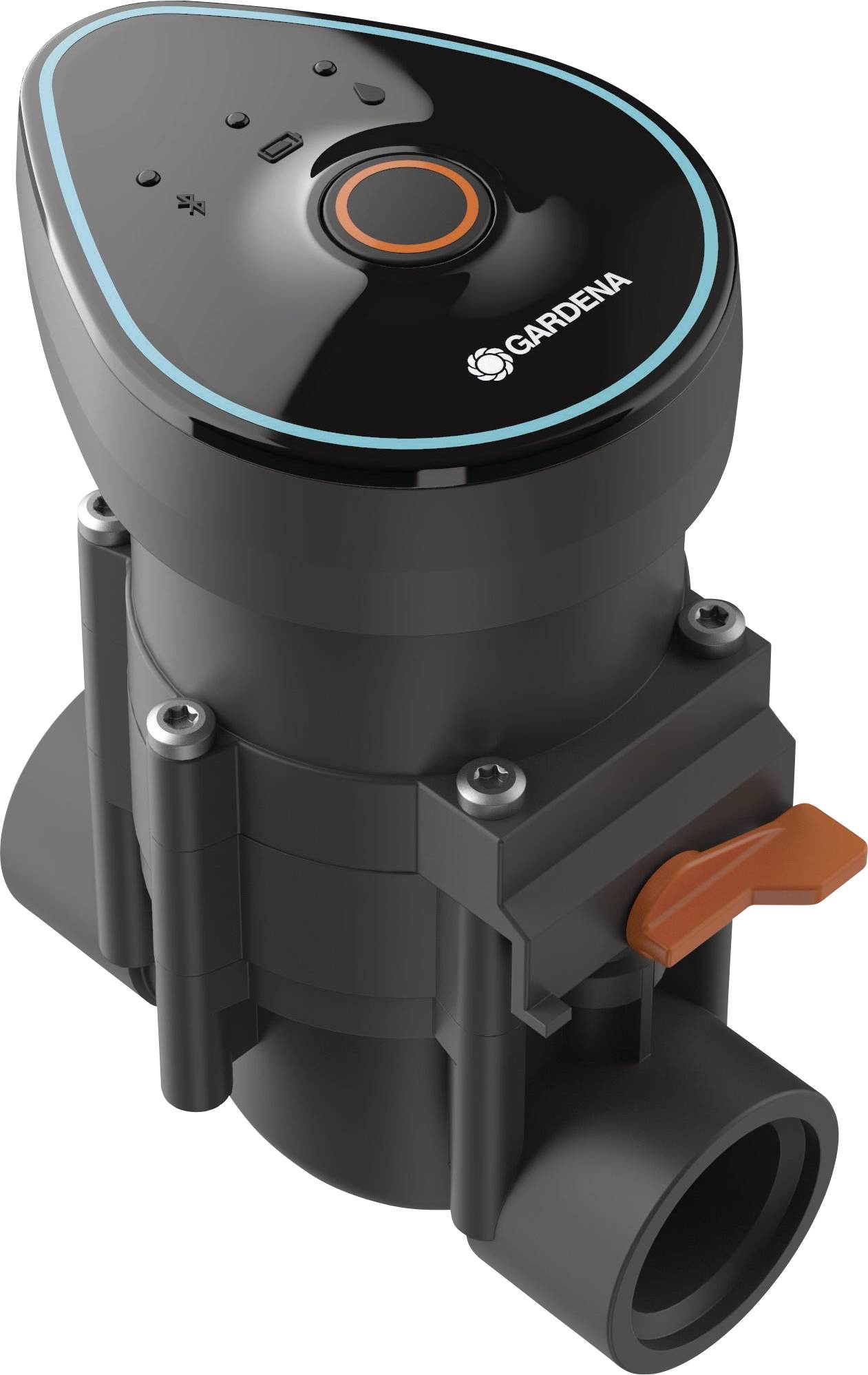Une valve d'irrigation noir et en forme de goutte, marquée 'Gardena', accompagnée d'une poignée de réglage orange.