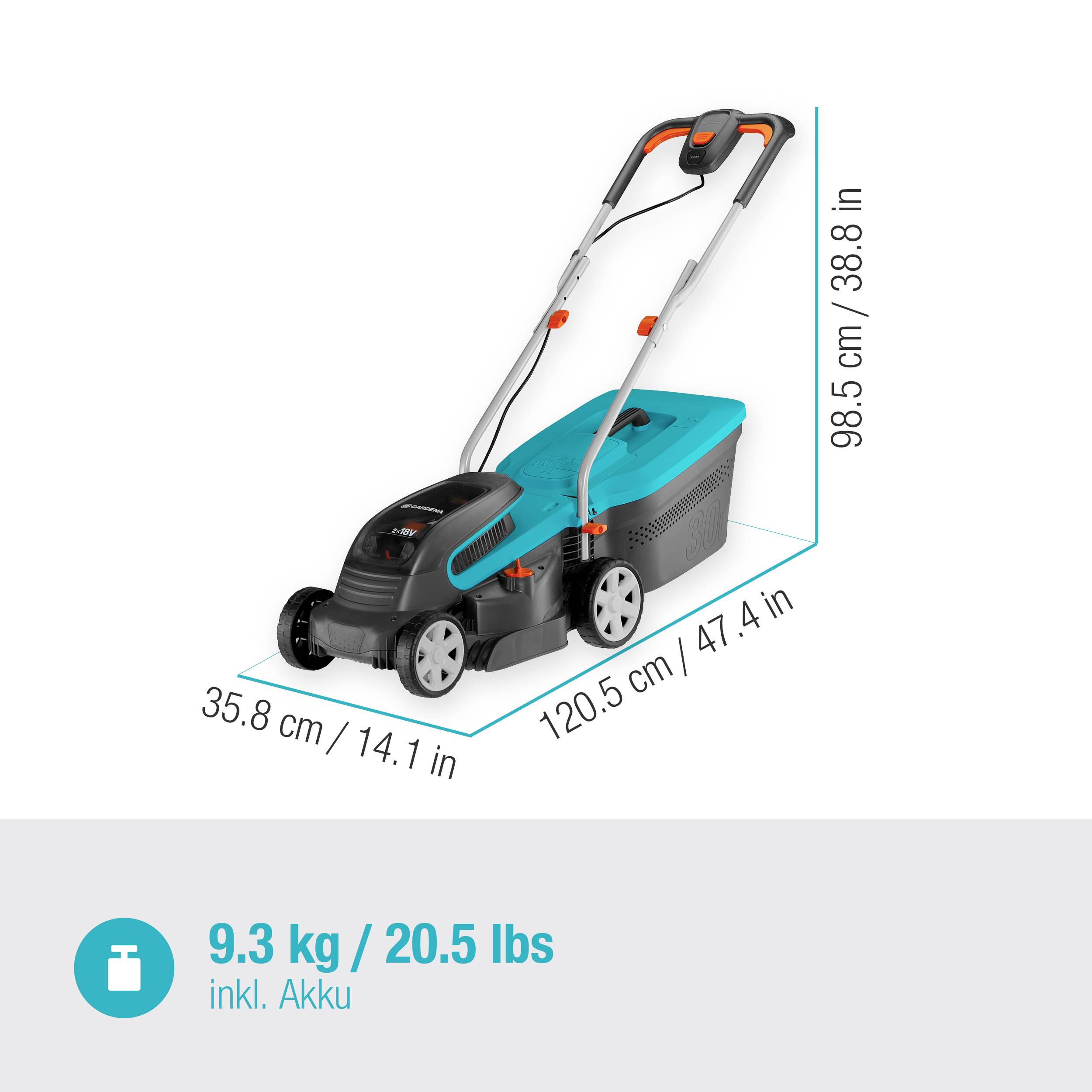 GARDENA PowerMax 32/36V P4A Ready-To-Use-Set sans fil Tondeuse à gazon avec 2ème batterie, avec chargeur, avec peigne à gazon