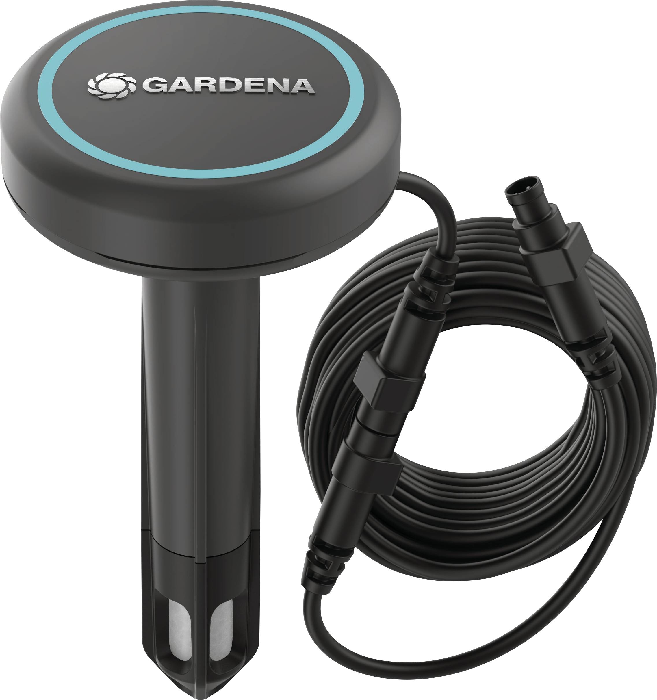 Capteur d'irrigation de jardin avec câble. Mesure l'humidité du sol pour une utilisation optimisée de l'eau. Design noir avec logo de marque.