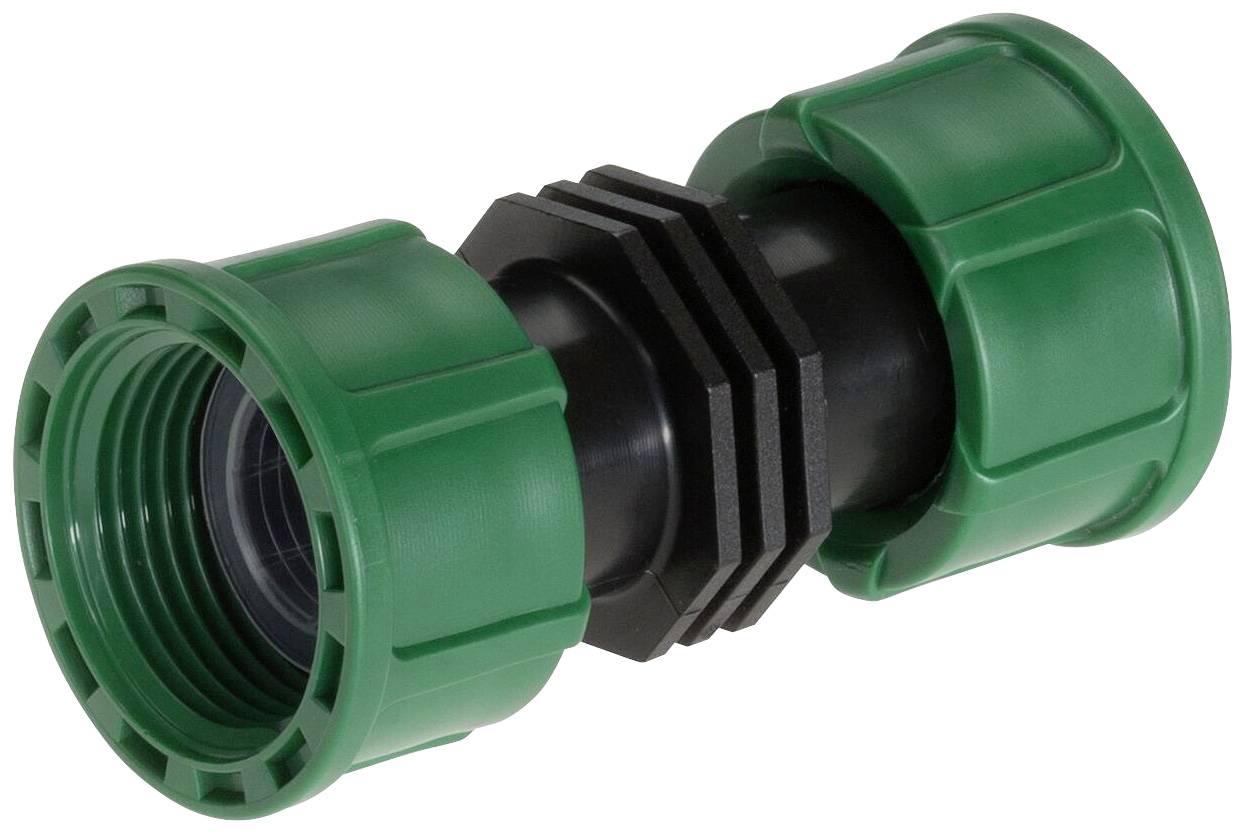 Raccord en plastique avec des extrémités vertes et une partie centrale noire, typiquement utilisé pour les tuyaux d'arrosage ou les systèmes d'irrigation.