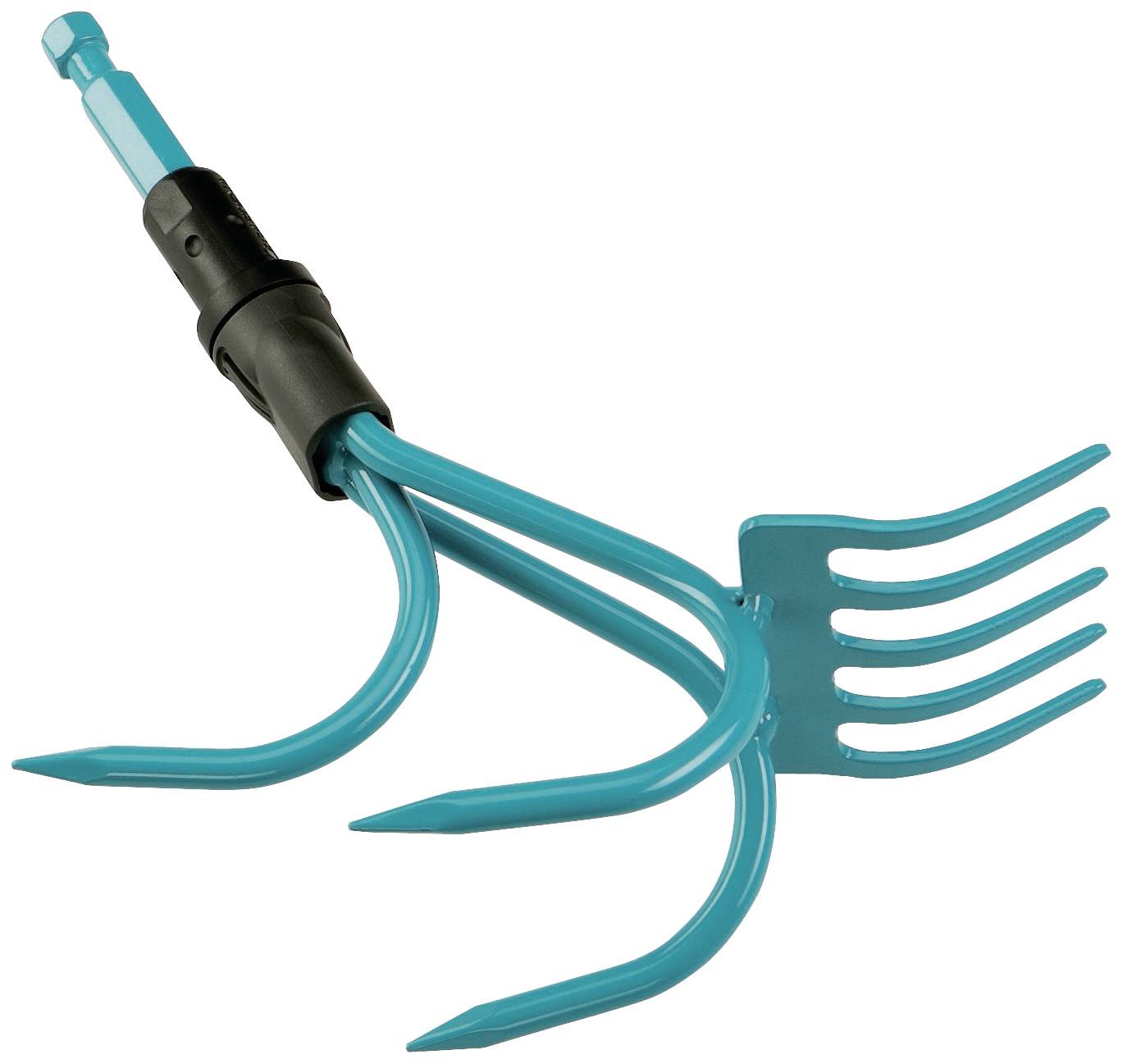 Un cultivateur à main de couleur turquoise avec trois dents recourbées et un adaptateur de poignée noir, utilisé pour ameublir la terre dans le jardin.