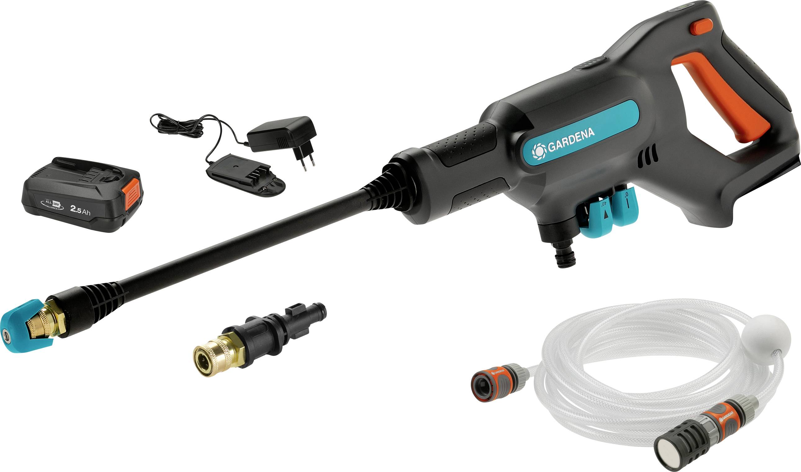 Ensemble de nettoyeur haute pression à batterie de Gardena comprenant un pistolet pulvérisateur, une batterie, un chargeur, différentes buses et un tuyau pour un nettoyage mobile.