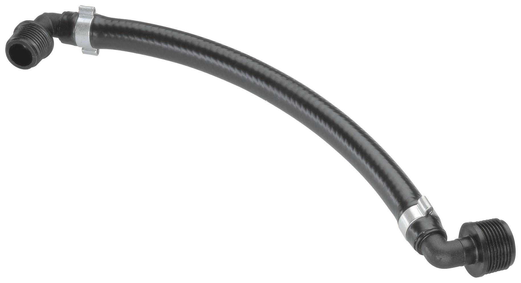 Tuyau flexible noir en forme de L avec deux raccordements, adapté aux applications sanitaires ou industrielles.