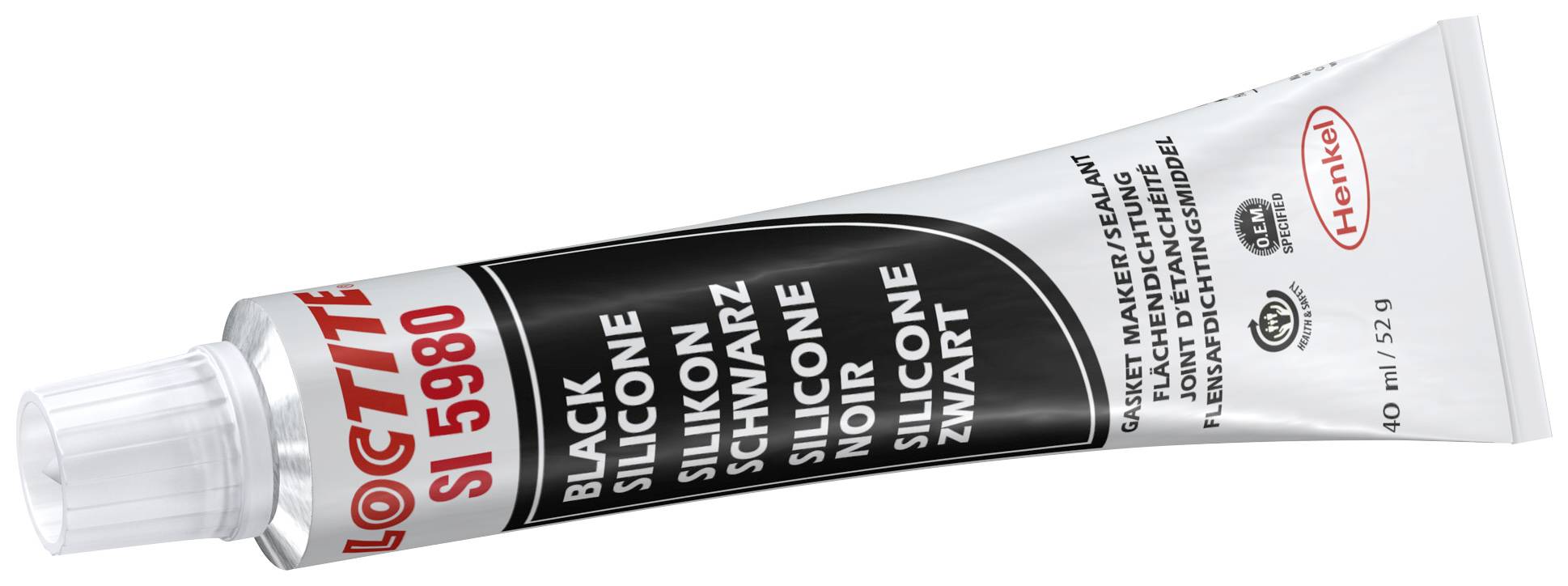 Un tube de 'Loctite SI 5980' à base de silicone noir pour des applications de scellement et de collage. Le nom du fabricant et les spécifications du produit sont visibles.