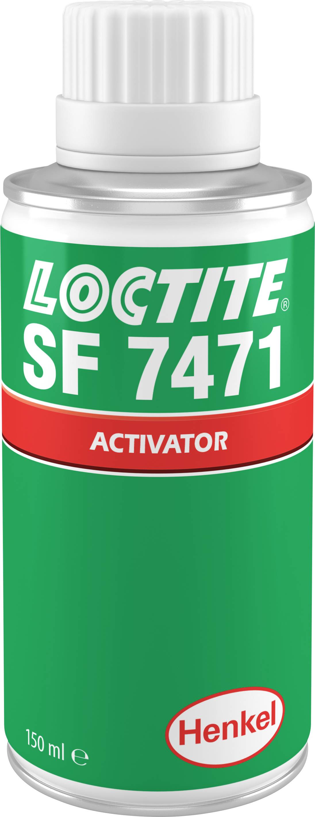 Bouteille d'activateur Loctite SF 7471 de Henkel, 150 ml, verte avec étiquette rouge.