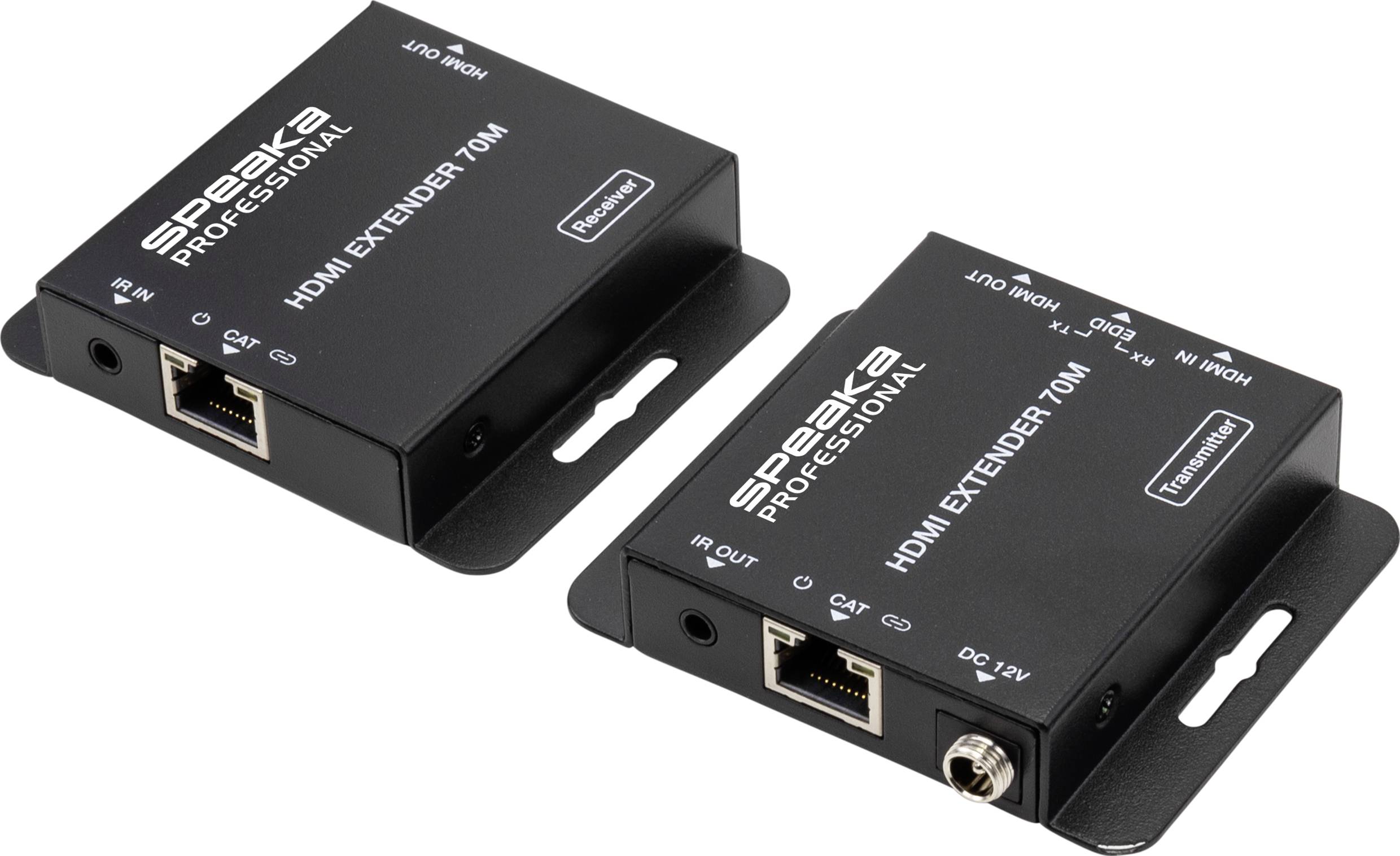 Deux prolongateurs HDMI noirs de la marque Speaka Professional, portant les inscriptions 'Récepteur' et 'Émetteur', destinés à l'extension des signaux vidéo.