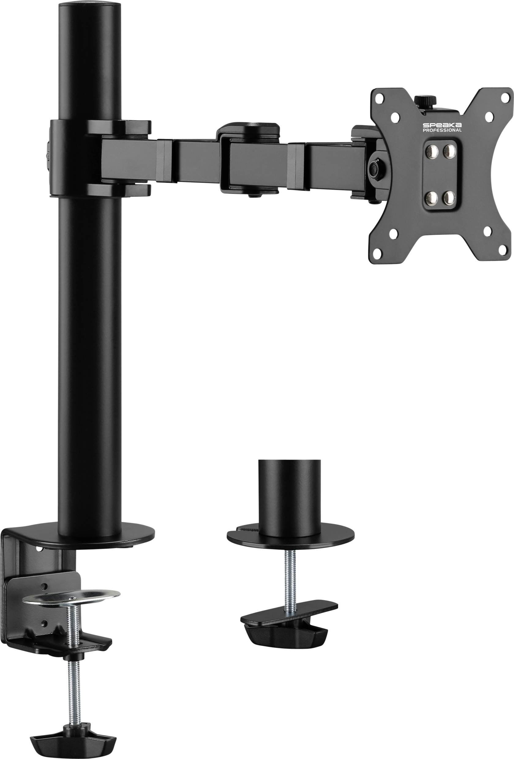 Support de moniteur noir réglable avec fixation par pince pour installation sur un bureau. Adapté pour un écran.