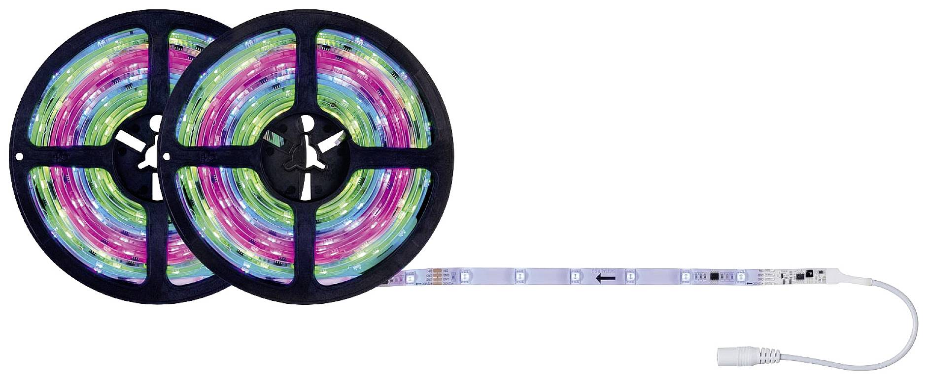 Deux rouleaux de bandes lumineuses LED illuminées de différentes couleurs, reliés par un câble blanc sur le côté droit.