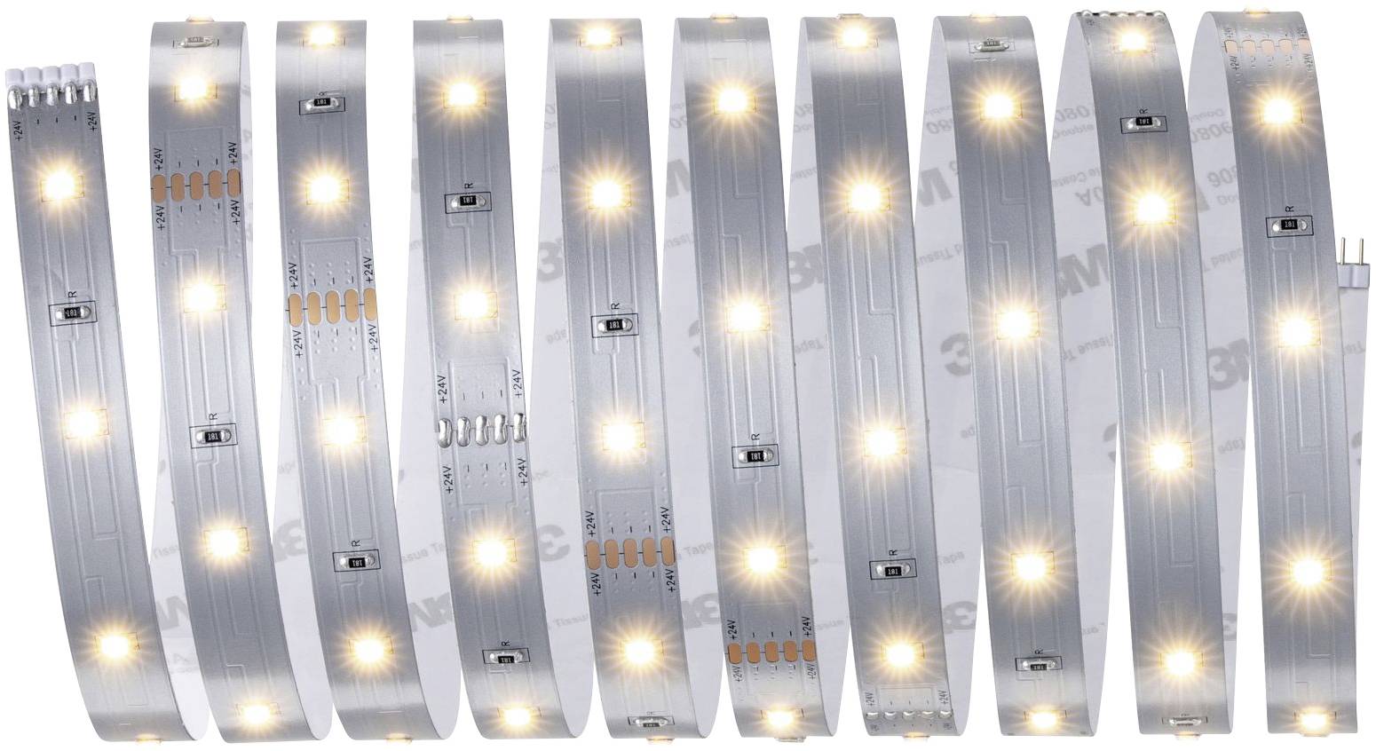 Plusieurs bandes lumineuses à LED côte à côte, émettant une lumière blanche chaude, sur une surface réfléchissante.