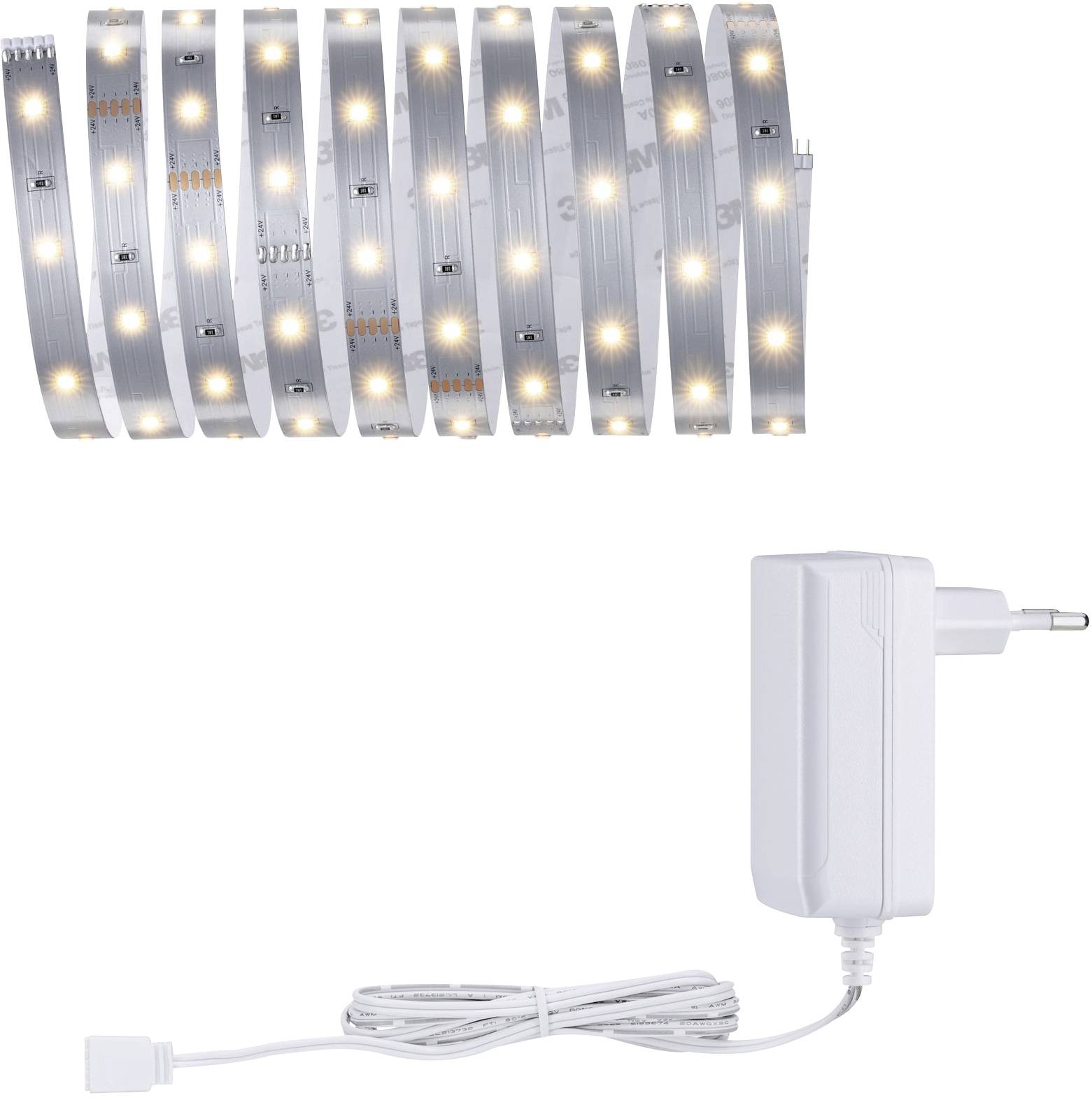 Bande lumineuse LED blanche avec des points lumineux blanc chaud, accompagnée d'un bloc d'alimentation blanc assorti et de son câble d'alimentation.