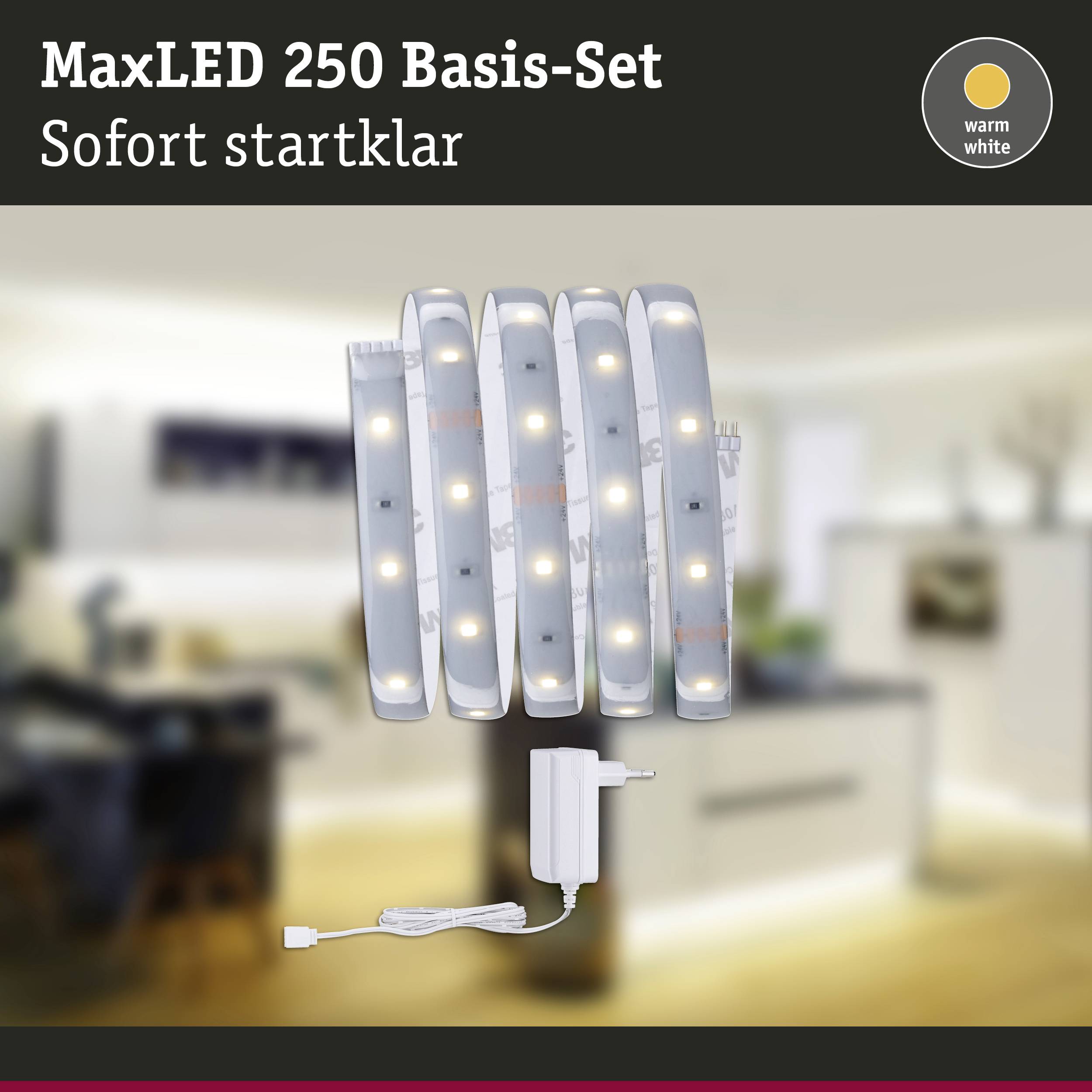 Kit de base MaxLED 250, composé de six bandes lumineuses LED et d'un adaptateur, idéal pour un éclairage blanc chaud à l'intérieur.