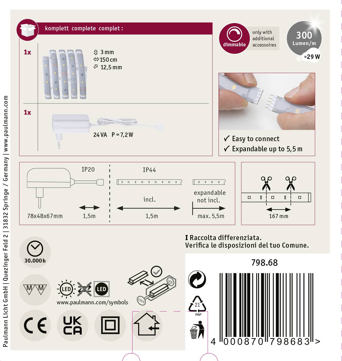 'Ensemble d'éclairage LED de 12,5 mm de large, durée de vie de 30 000 heures, protection IP20. Extensible jusqu'à 5,5 m. Option de variation d'intensité disponible.'