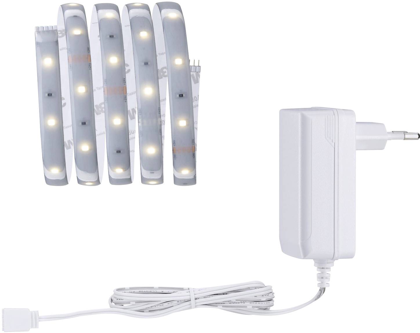Un ensemble de bandes LED avec adaptateur secteur blanc et câble.