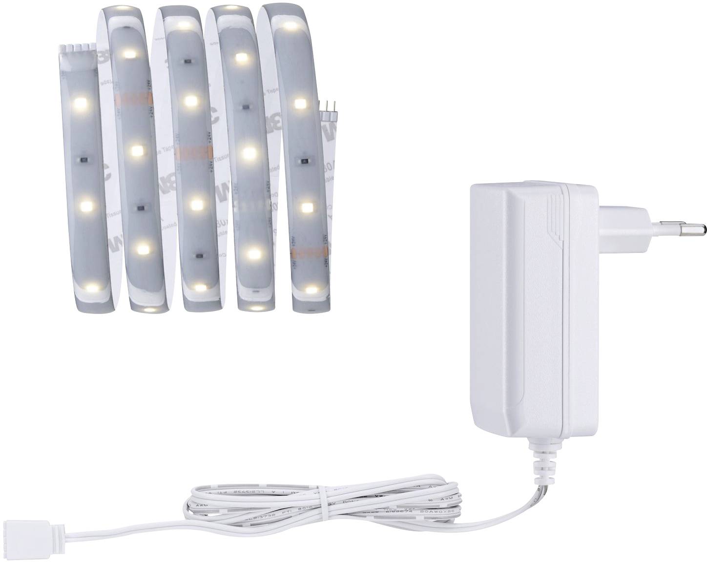 Bande lumineuse LED à cinq segments, connectée à un bloc d'alimentation blanc, adaptée à l'éclairage intérieur.
