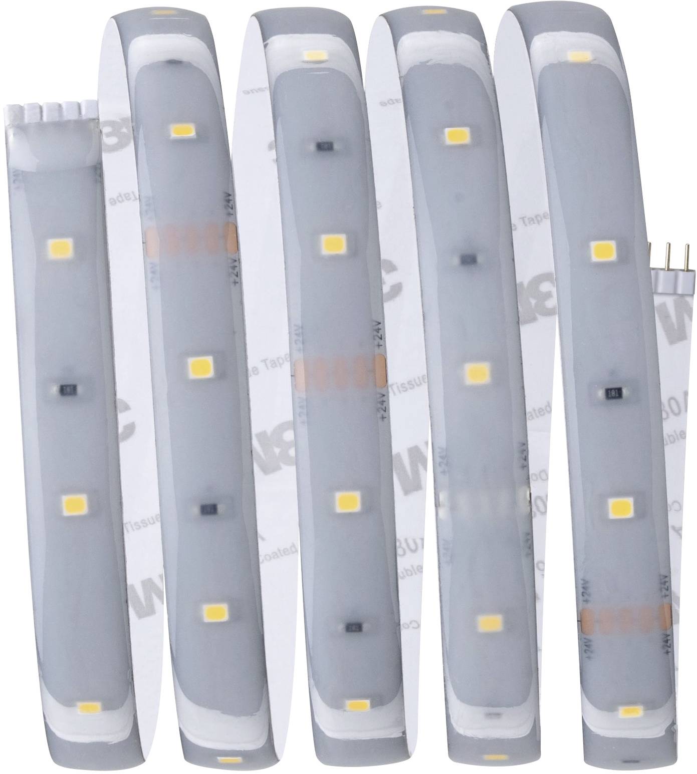 Bande de LED avec plusieurs diodes jaunes sur fond blanc, adaptée pour l'éclairage décoratif.