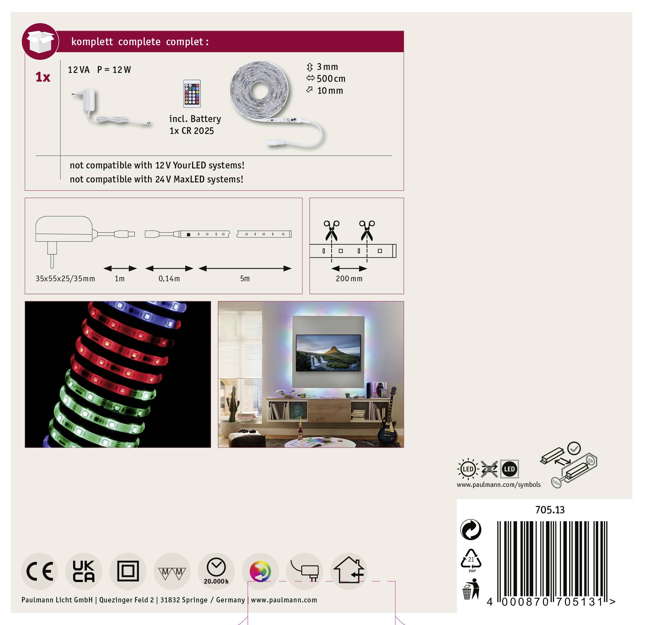 Kit d'éclairage avec bande LED, batterie, dimensions et avertissement de compatibilité système. Salon avec ambiance LED.