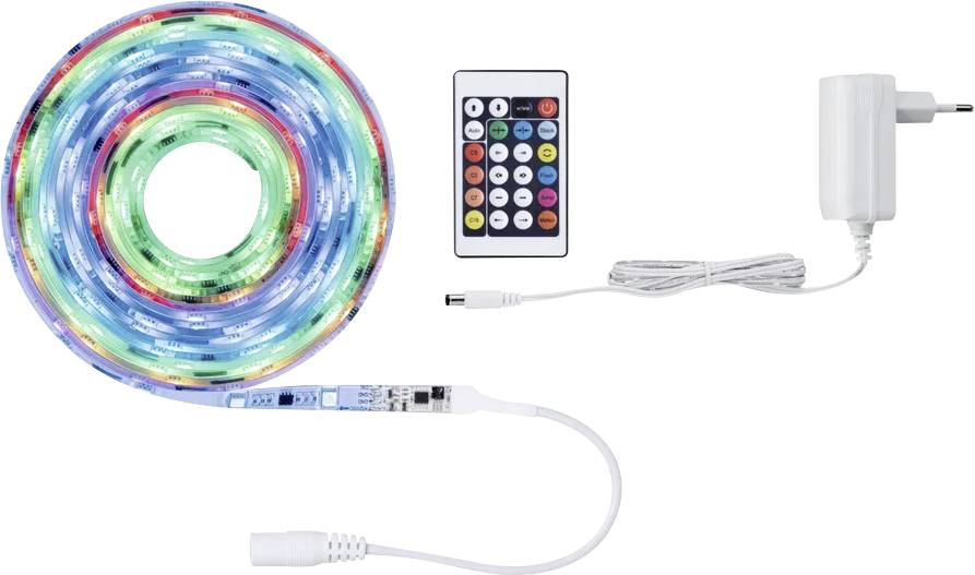 Bande lumineuse LED de différentes couleurs, avec télécommande et alimentation électrique.