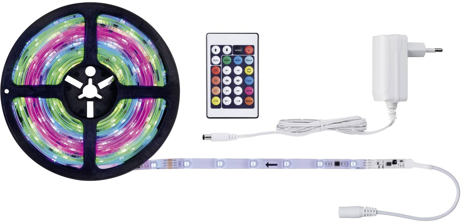 Bande lumineuse LED avec télécommande et alimentation. La bande est enroulée et affiche des lumières colorées.