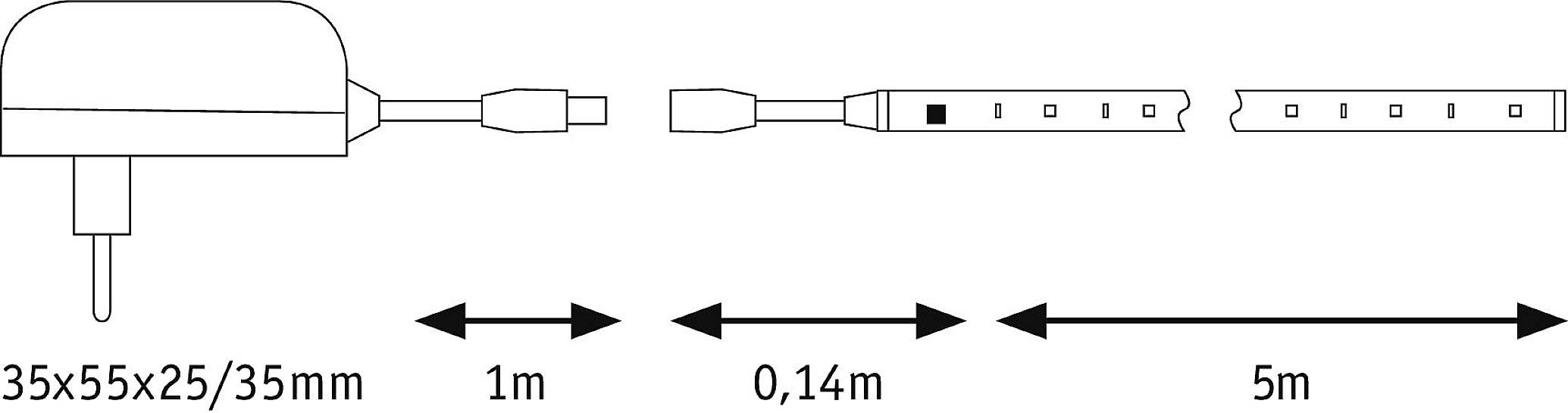 Dimensions d'un composant électronique : 35x55x25/35 mm. Câbles : 1 m, 0,14 m, 5 m.