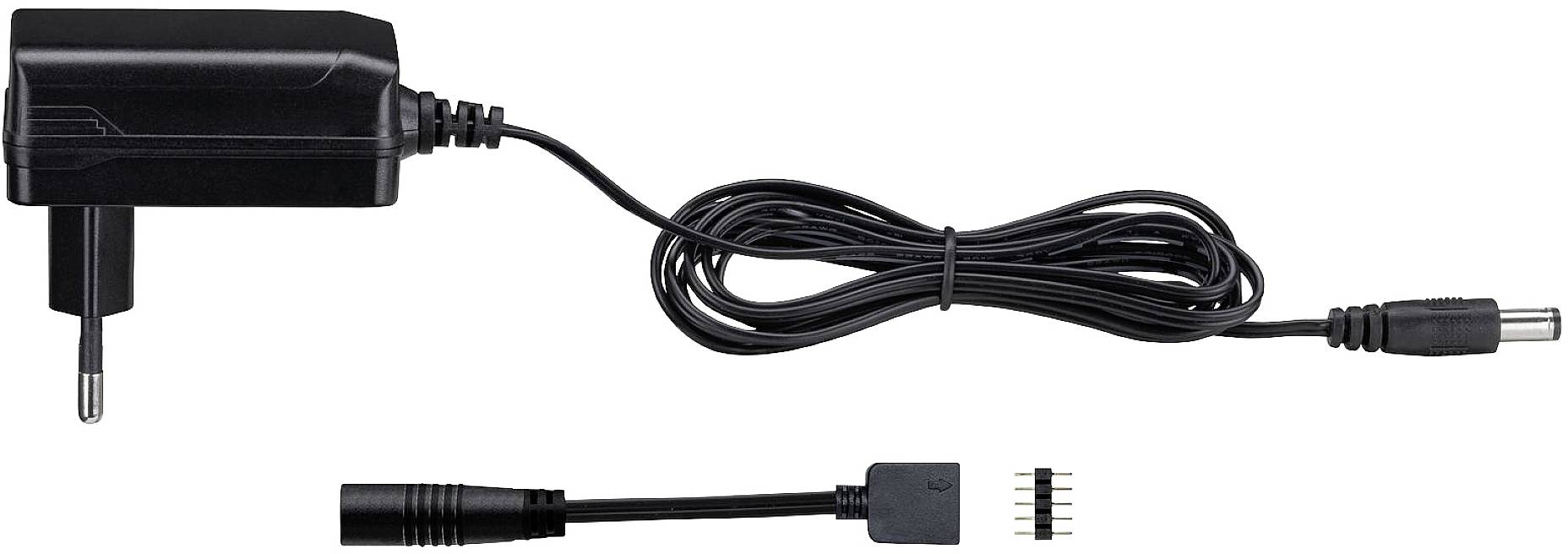Un adaptateur secteur noir avec connecteur et câble, utilisé pour l'alimentation électrique des appareils électroniques.