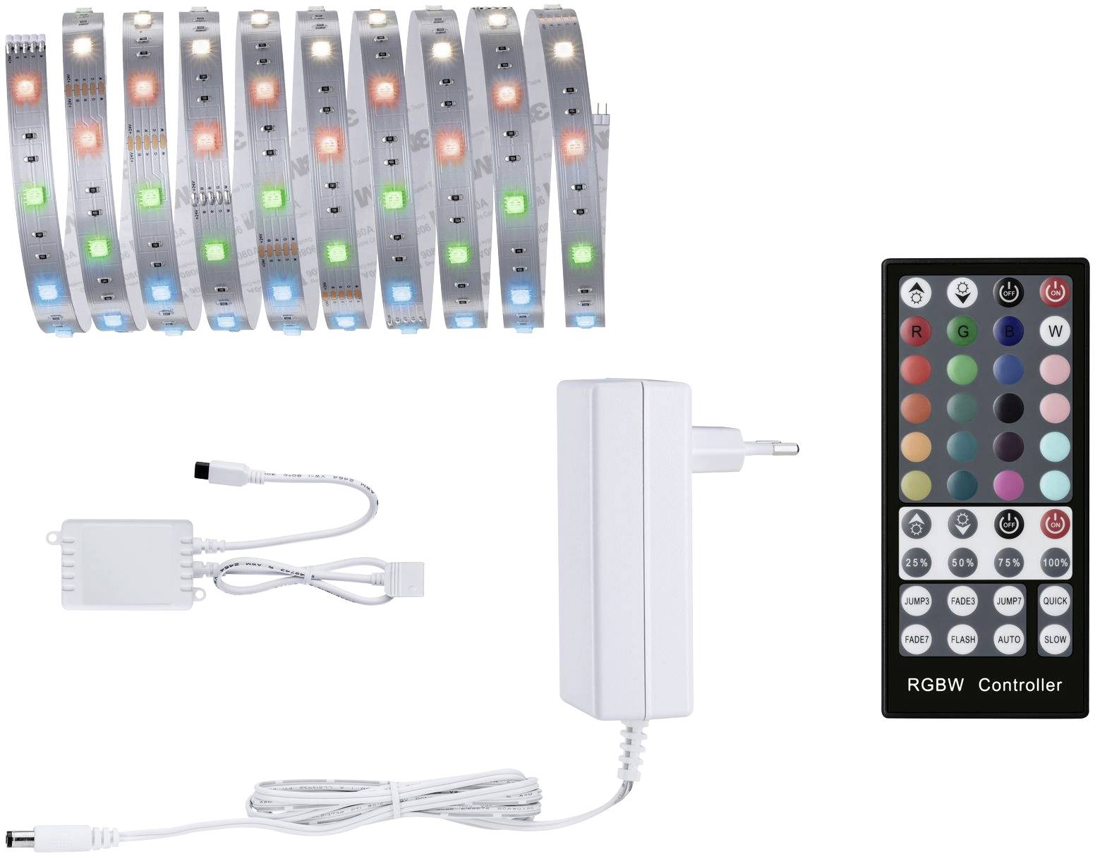 Bande LED multicolore (rouge, vert, bleu, blanc), avec télécommande et adaptateur secteur. Kit d'éclairage intérieur.