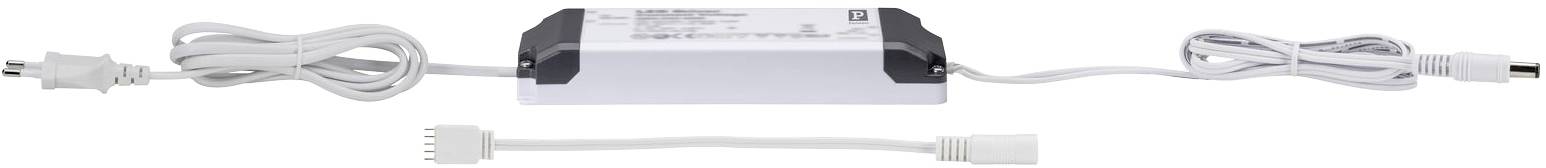 Bloc d'alimentation électrique blanc avec deux câbles à ses extrémités et un petit câble de connexion en dessous. Adapté pour les bandes LED.