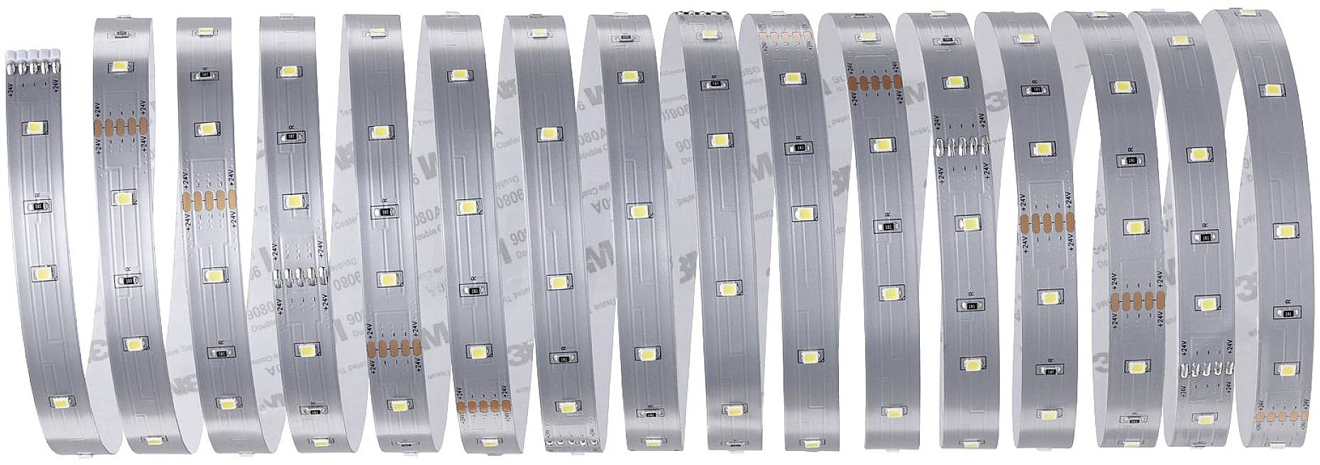 Une barre lumineuse à LED de couleur argentée, pliée à plusieurs reprises. La barre présente des diodes LED jaunes disposées de manière régulière.