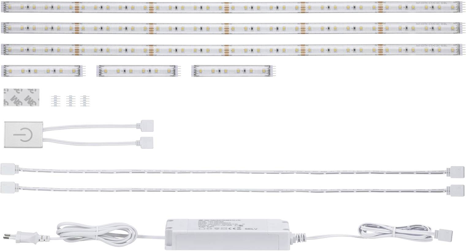 Ensemble de baguettes lumineuses LED composé de cinq baguettes, de connecteurs, d'un interrupteur et d'un bloc d'alimentation. Idéal pour un éclairage flexible.