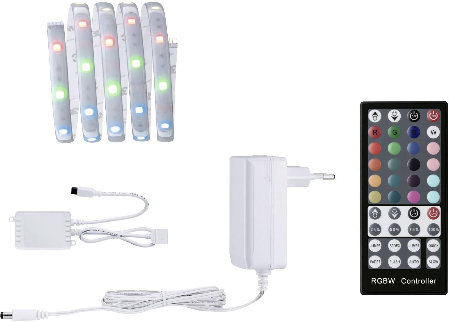 Bande LED avec lumières colorées, bloc d'alimentation secteur, boîtier de commande et télécommande avec touches de couleur, permettant de contrôler la couleur de la lumière.
